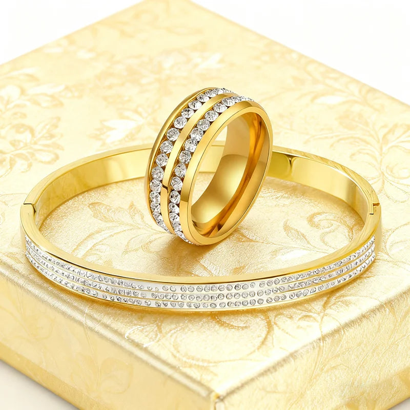 Stainless Steel Full Crystal Micro Set Zircon O-shaped Buckle Bracelet Ring