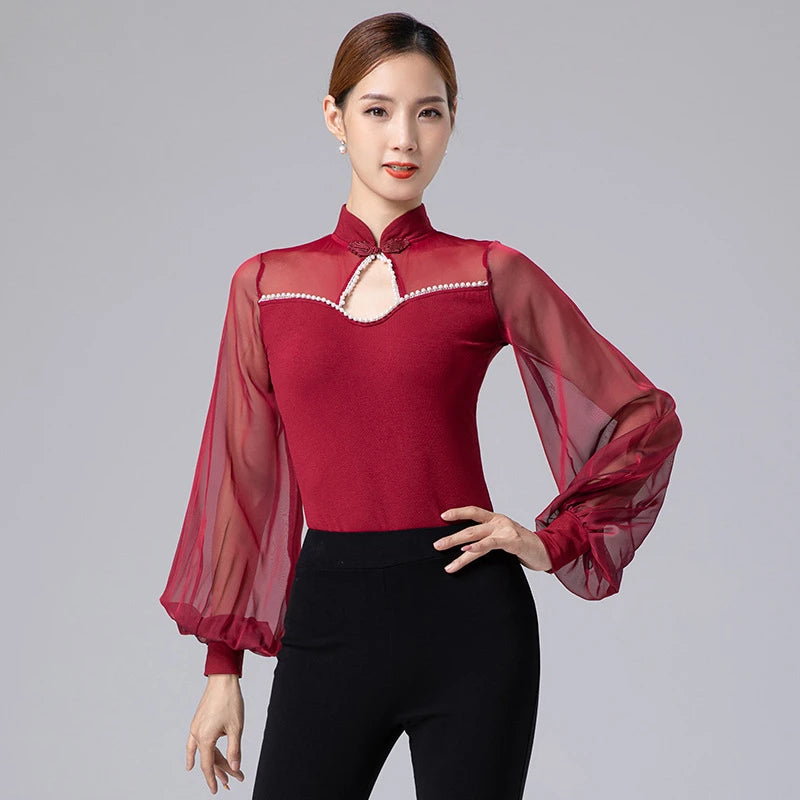Women Latin Jumpsuit Sexy Mesh Long Sleeve Top