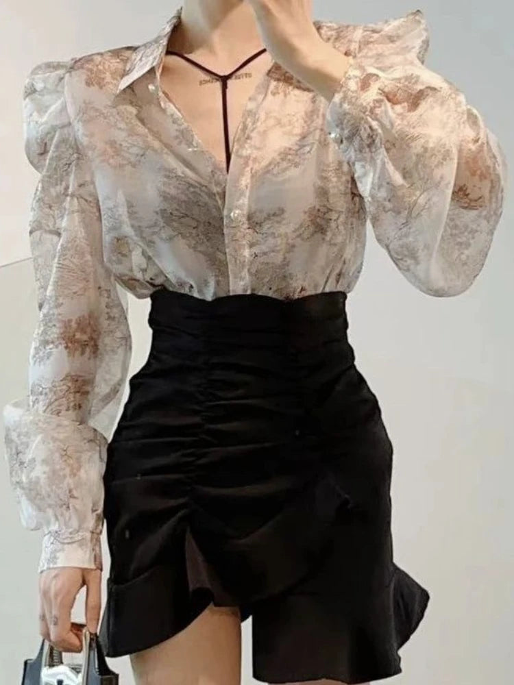Floral Sweet Blouses for Women Loose Puff Sleeve Turn Down Collar Shirts