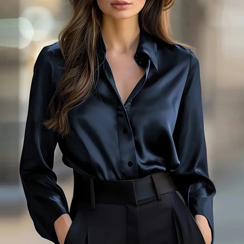 Elegant Blouses For WomenFlare Long Sleeve Button Silk Blouse