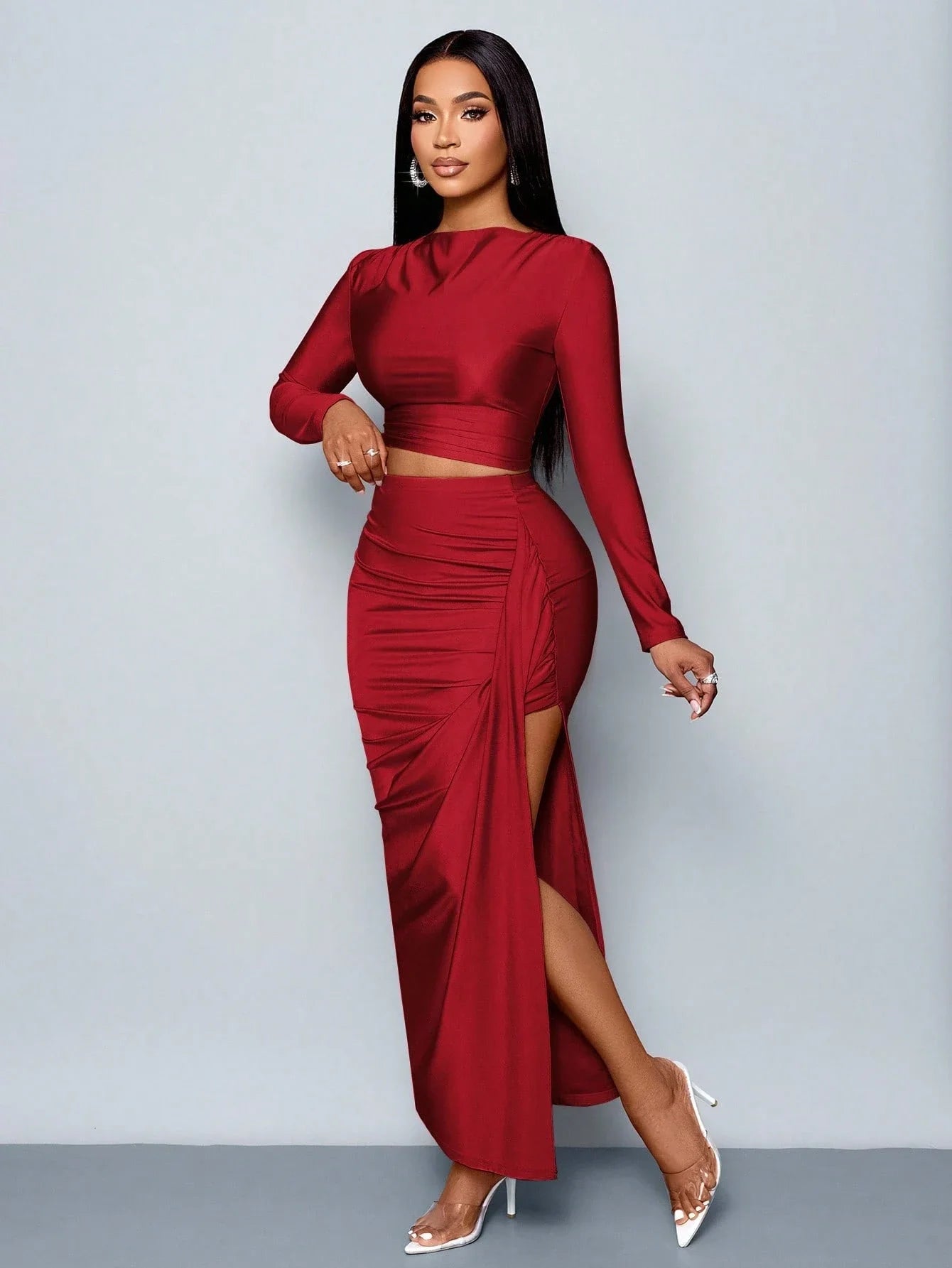 Women's Two-piece Set: Solid Color Elegant Leisure Long-sleeve T-shirt and Fitted Pleated Side set