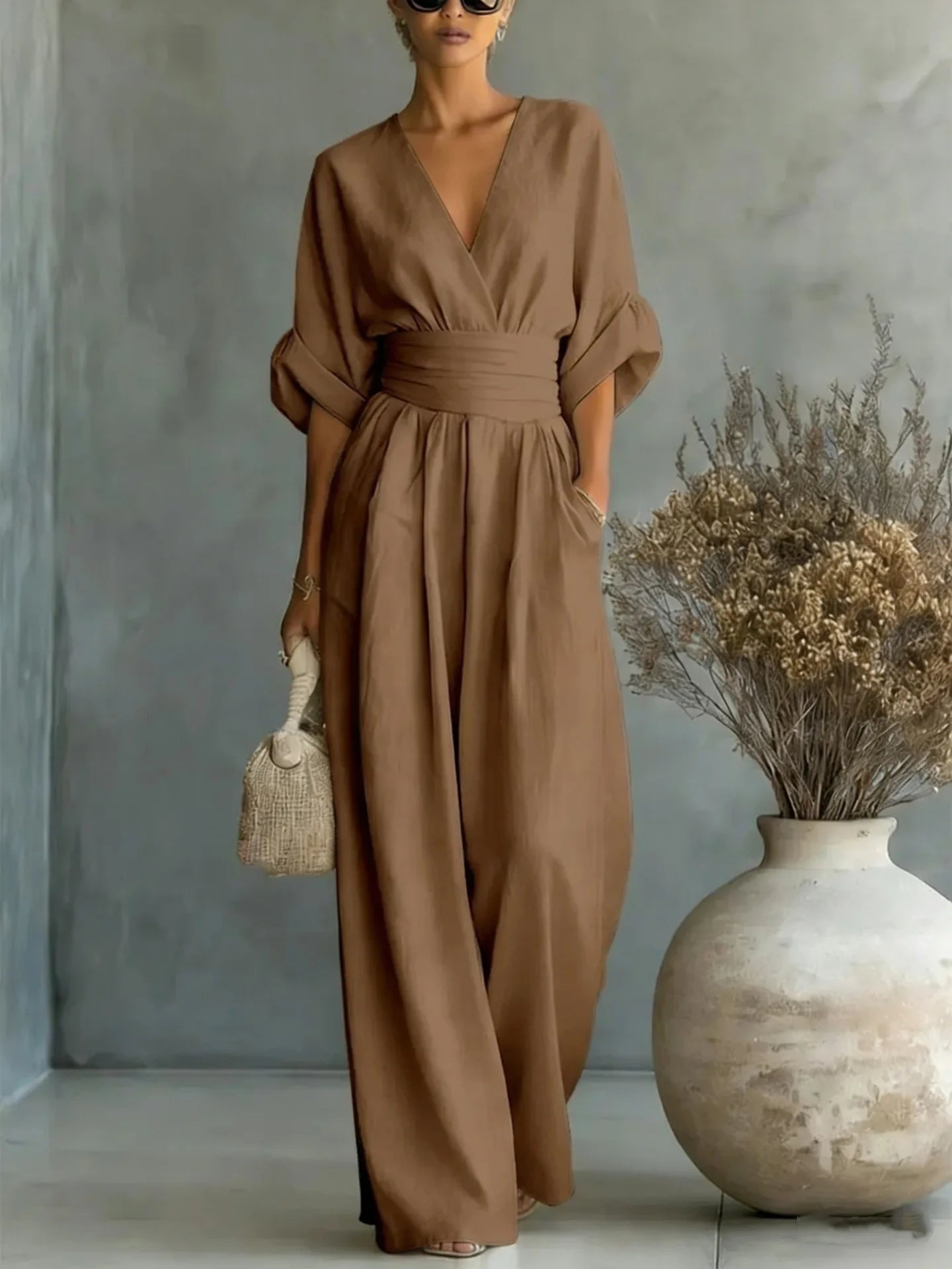 Women's Jumpsuit Fashion High Waist V-neck wide Leg Trousers