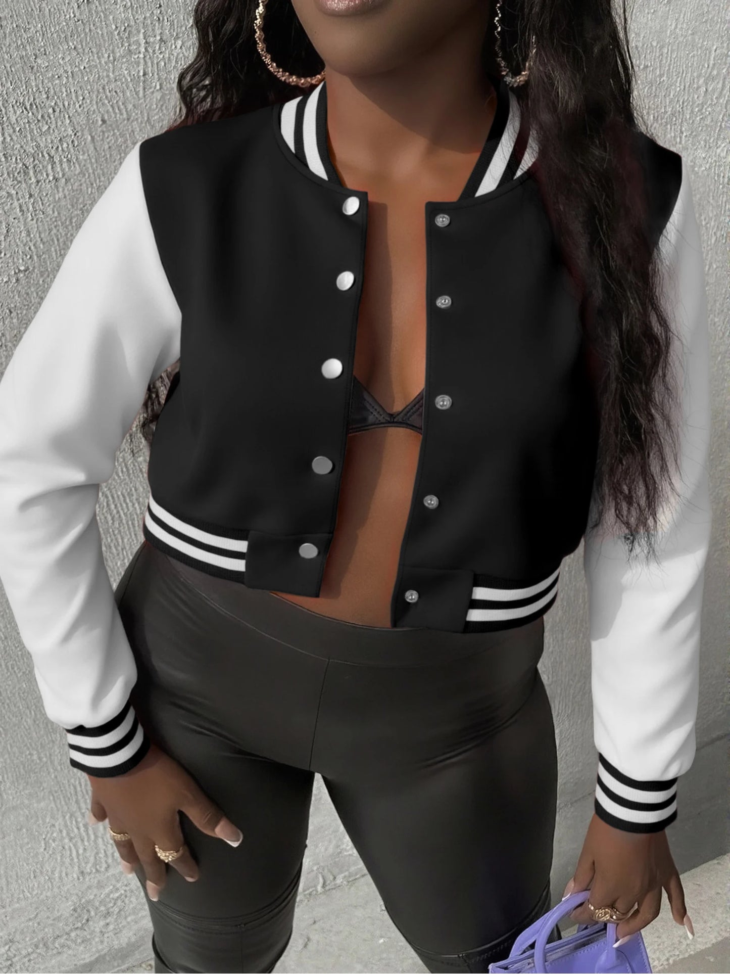Versatile Cropped Varsity Jacket Women's Color Block Baseball Coat