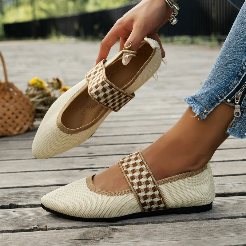 Women Ballet Flats Knitted Casual Shoes Low Heel Elegant Woman Sneakers Pointed Toe Shallow Loafers Vintage Slip on Women Shoes