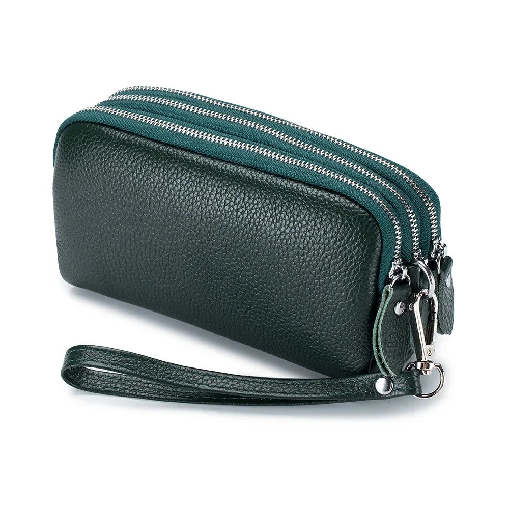 Women Long Wallet Genuine Leather 3-Layer Zipper Purse Bag