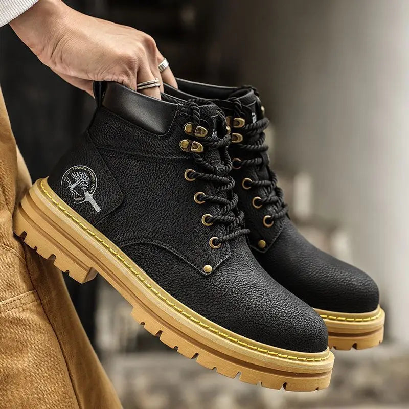 Fashion Men Boots Comfortable Platform Leather Shoes Brown Non-slip Work Boots
