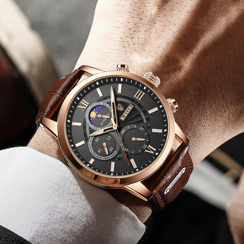 Men's Watches LIGE  WristWatch Leather Quartz Watch Sports Waterproof