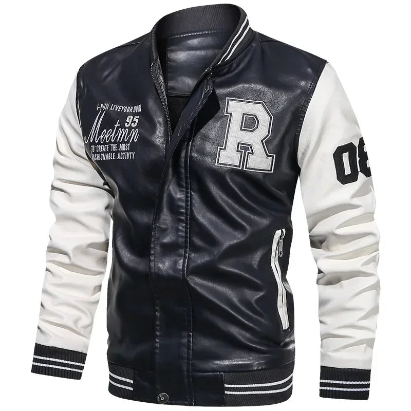 Embroidered Leather Pu Coats Slim Fit College Fleece Luxury Pilot Jackets