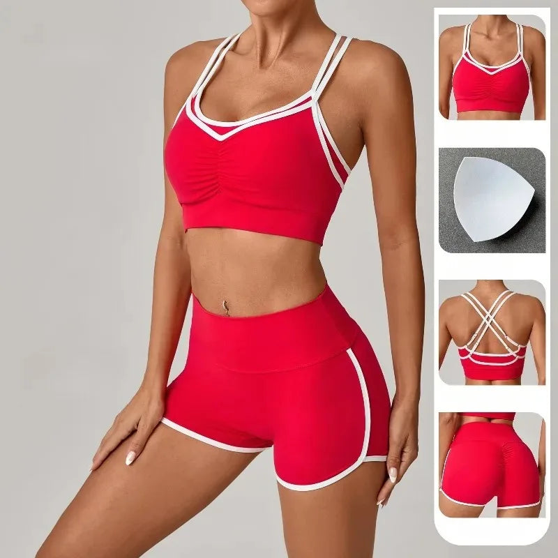 Women's Yoga  Fitness Color-Block Cross Beauty  Hip-Lifting Shorts Suits