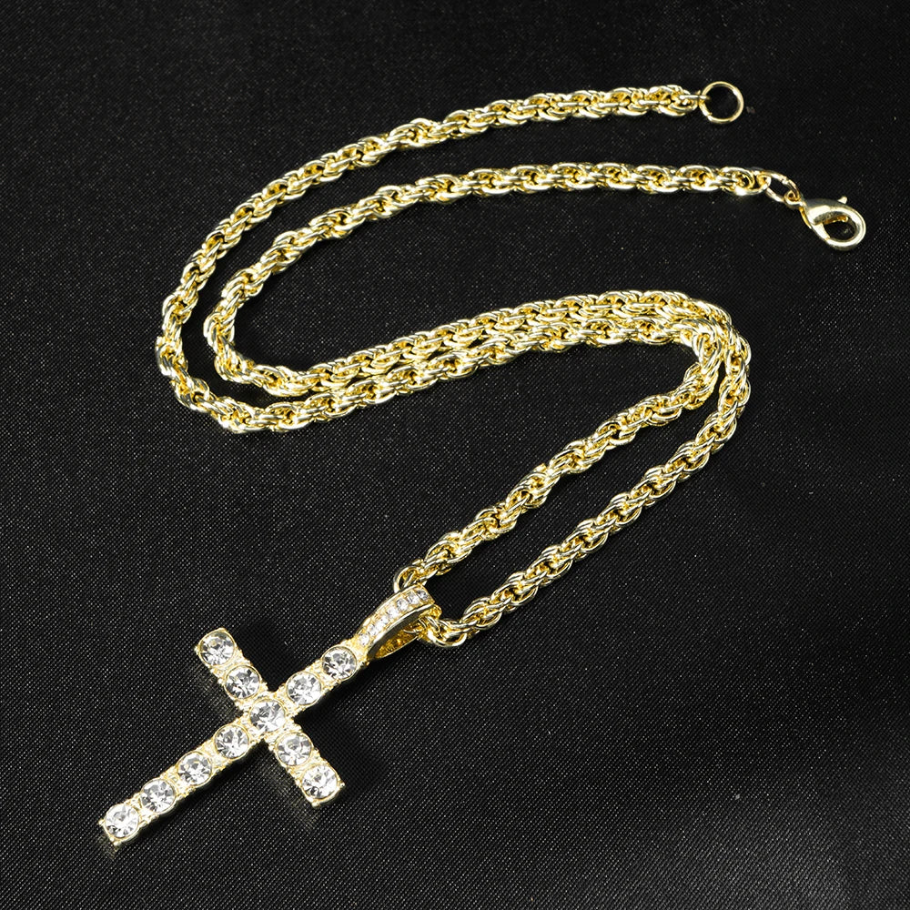 Hip Hop Iced Out Cross Pendant Necklace Strap 4mm Zircon