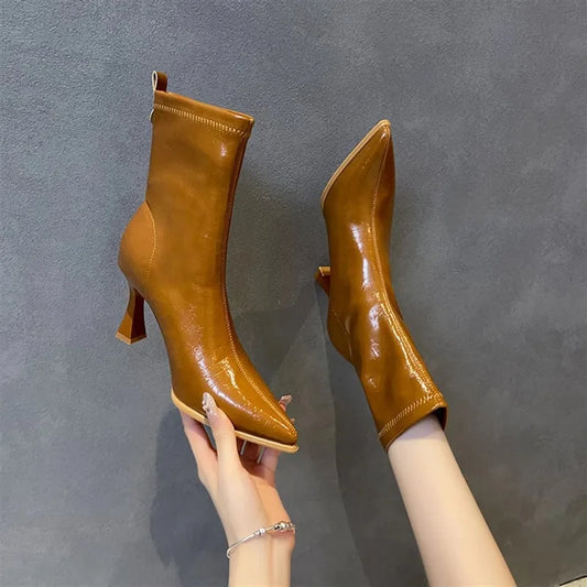 Pointed Toe High Heels Elegant Women Boots Chunky Leather Shoes