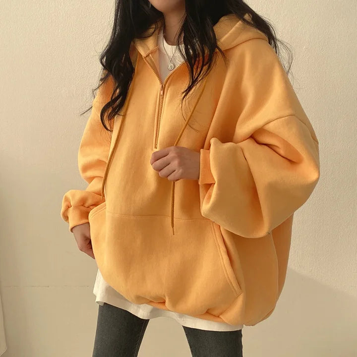 Women Hoodie  Loose Oversized Solid Color Top Half Zip Up Sweatshirt