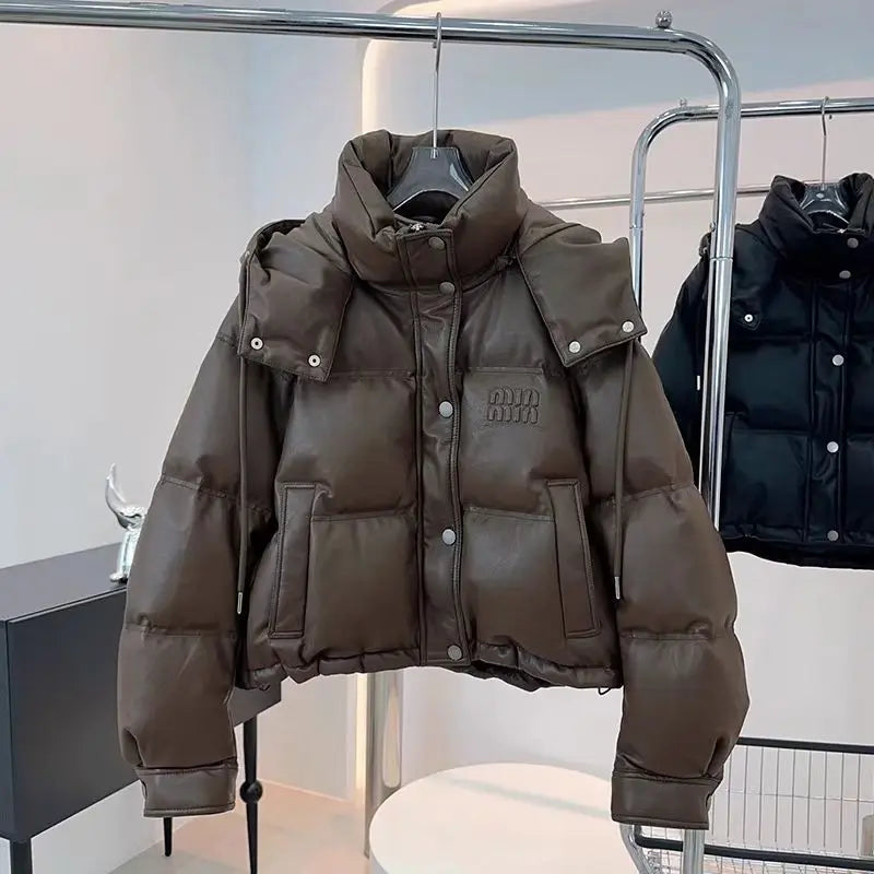 2025 Women's Pu Skin Down Cotton Jacket Versatile Hooded Lady Coat