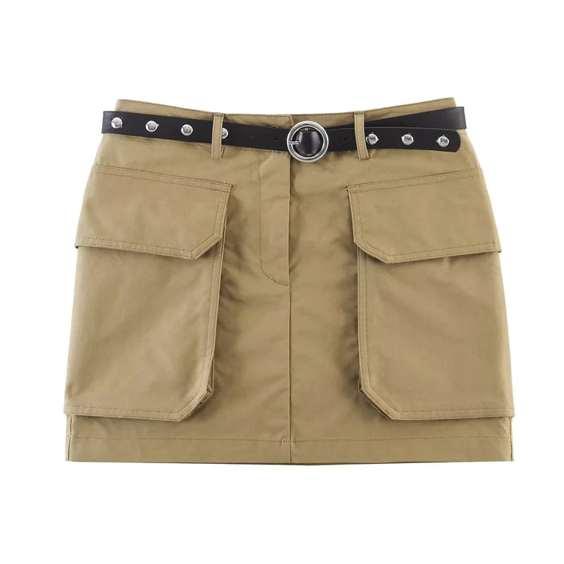 Women's Half Skirt  Khaki with Belt and Pocket