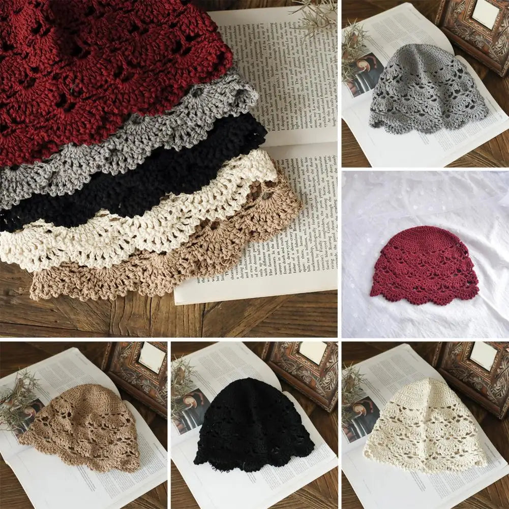 Ladies Hollow Out Lace Jacquard Hat Soft Manual Crochet Knitted Hat