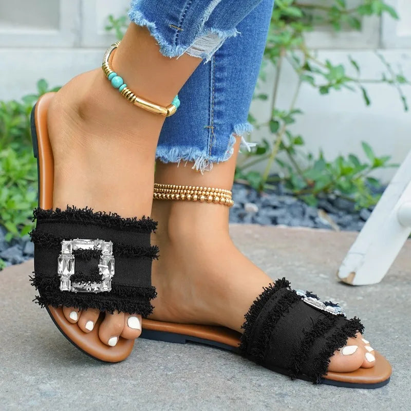 Women's Slippers Summer Sliding Metal Buckle Flat Shoes Fashion Sandals