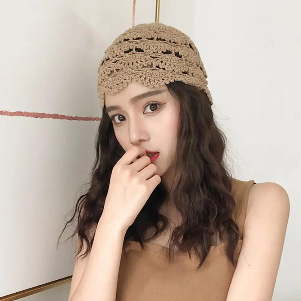 Ladies Hollow Out Lace Jacquard Hat Soft Manual Crochet Knitted Hat