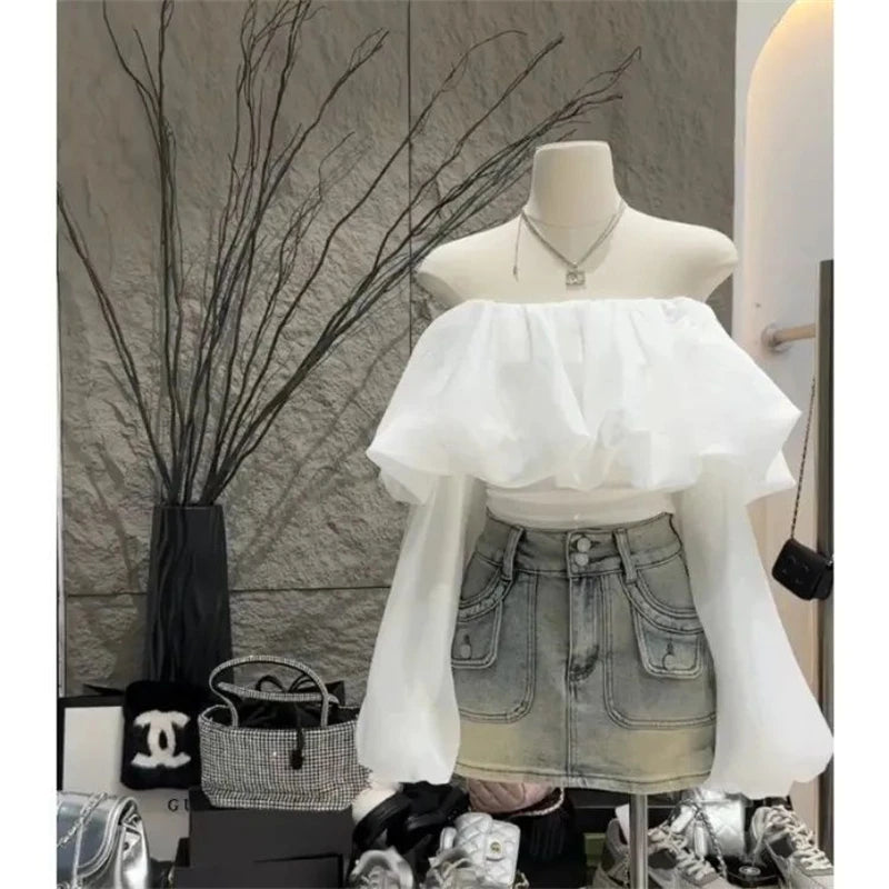 Women Fashion Ruffles Sexy Off Shoulder Blouses 2024 Spring White Sweet Chic Blouse Casual Long Sleeve Slim Tops Blusas De Mujer