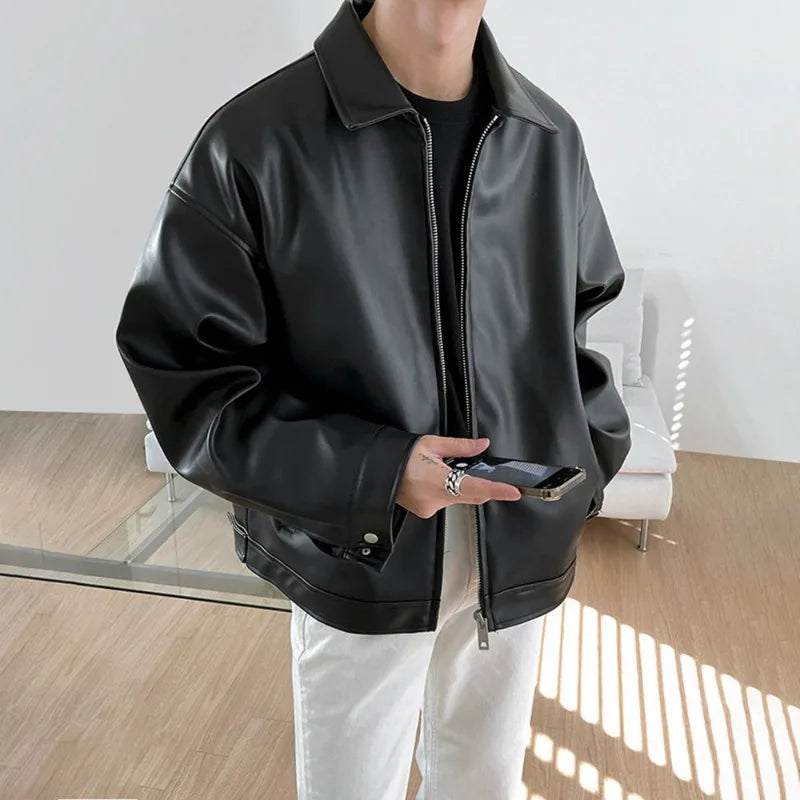 Black PU Leather Oversized Coats Collar Zip-Up