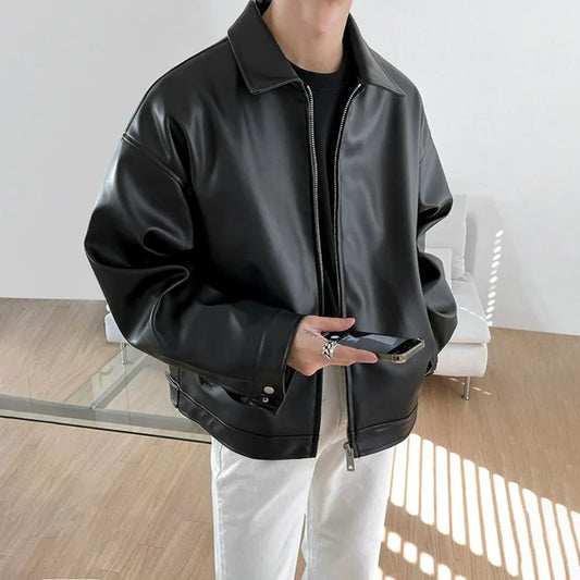 Black PU Leather Oversized Coats Collar Zip-Up