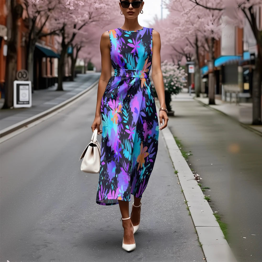 Breathable A-Line Sleeveless Chic Blue & White Dress