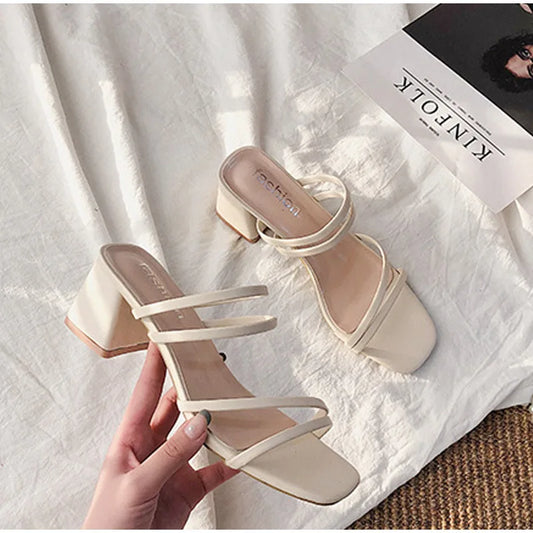 Women Sandals Ladies Square Heels Elegant Summer Slippers