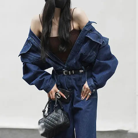 Jumpsuits Women  Safari Style Loose Long Sleeve Denim Jumpsuits