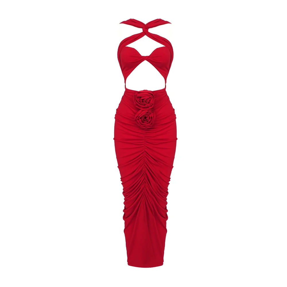 Sexy Backless 3D Flowers Design Sleeveless Draped Long Dress