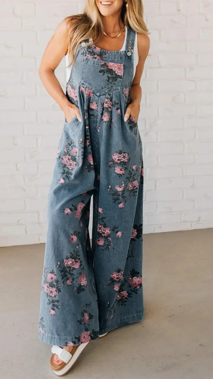Women Jumpsuits Floral Printed Overalls Square Neck Sleeveless Rompers