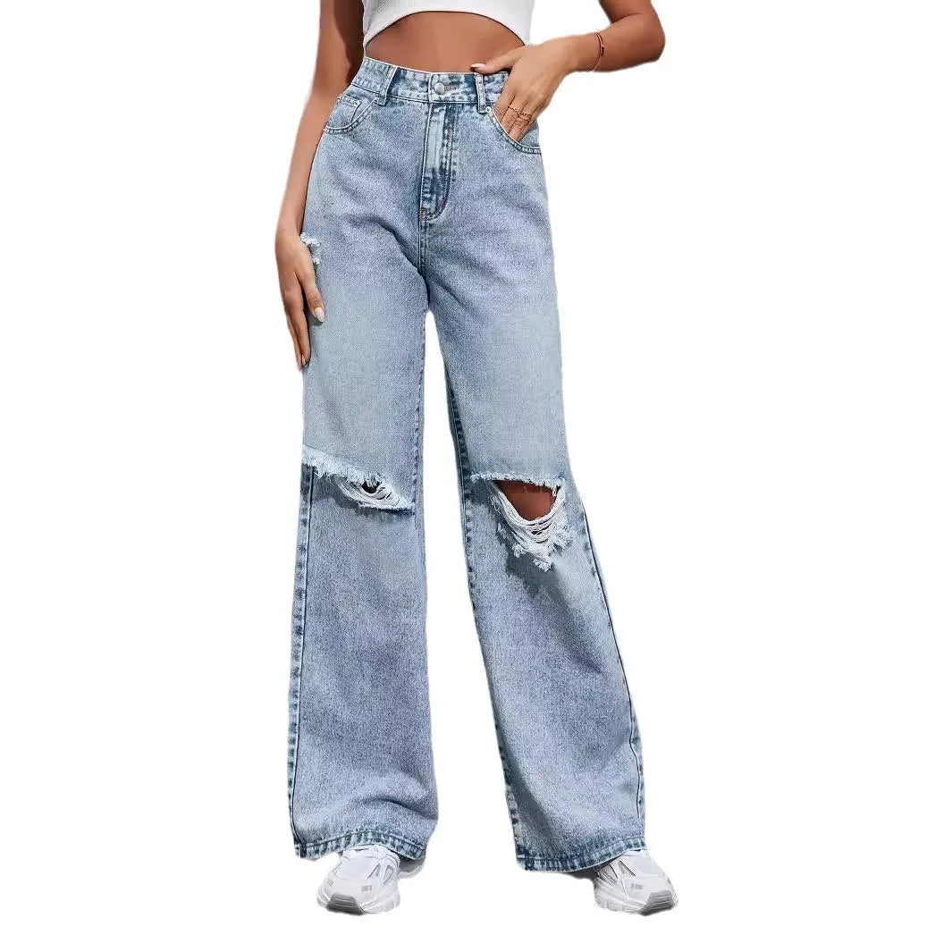 Women's Fashion Ripped High Waist Wide Leg Casual  Boyfriend