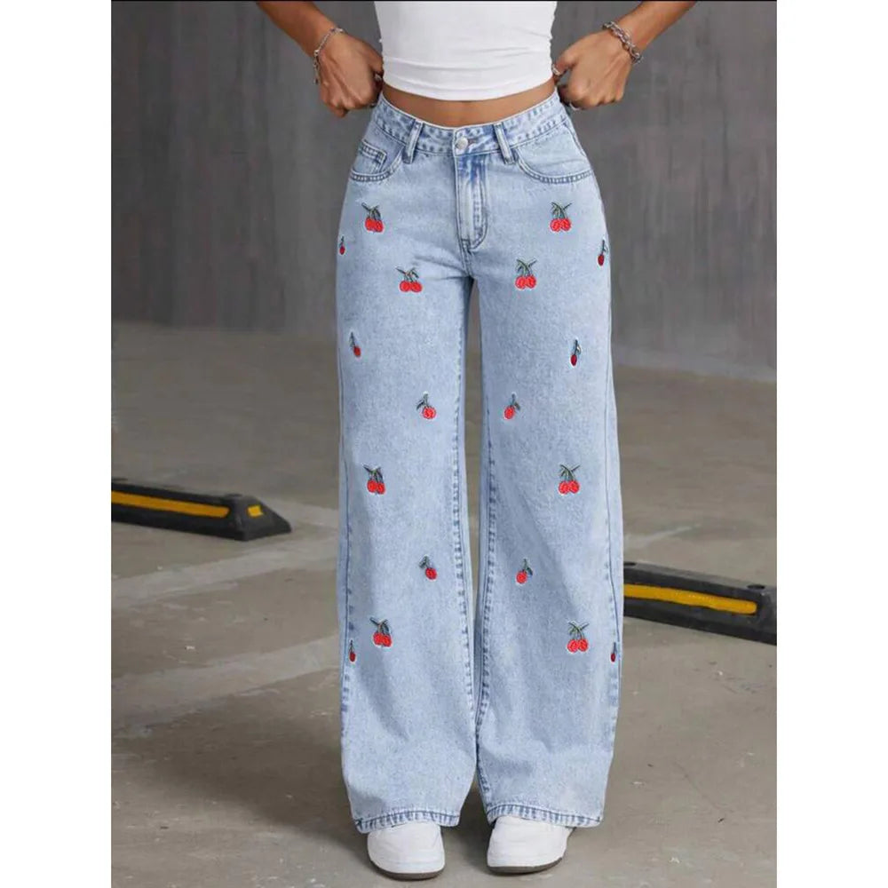 Embroidery High Waist Distressed Washed Denim