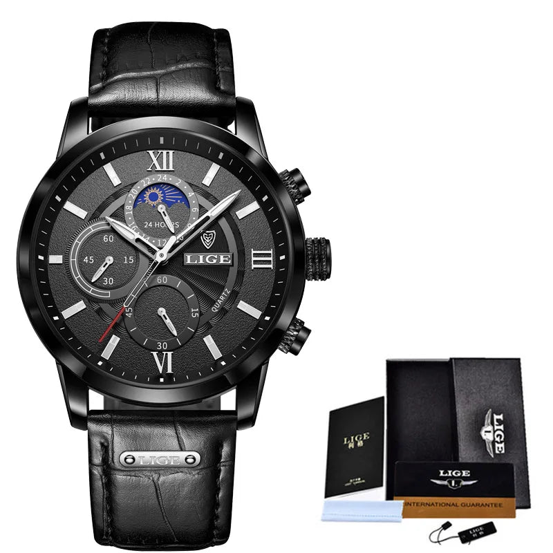 Men's Watches LIGE  WristWatch Leather Quartz Watch Sports Waterproof