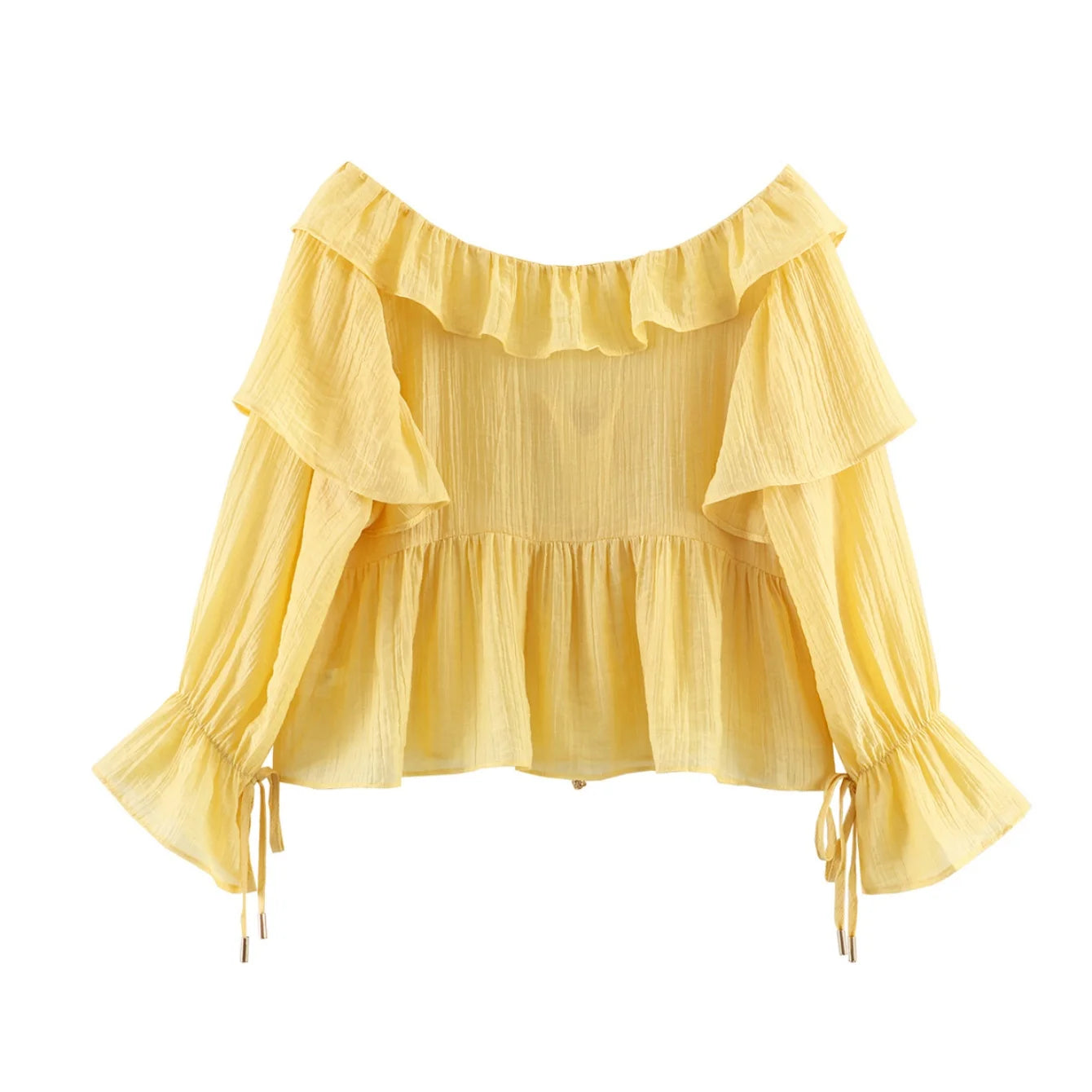 Women's Yellow Blouses Vintage Solid Cascading Ruffle Bow Lace-Up