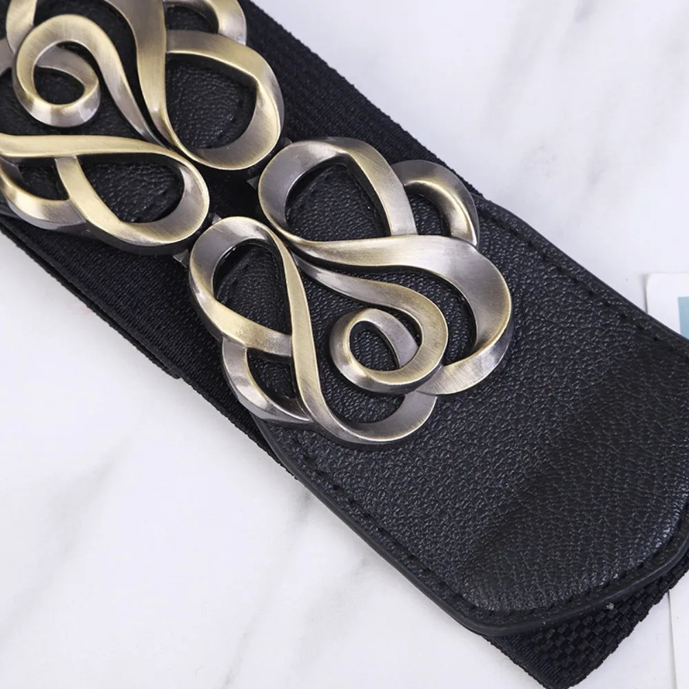 Women Leather Belt for Dress Elastic Brass Retro Buckle Overcoat