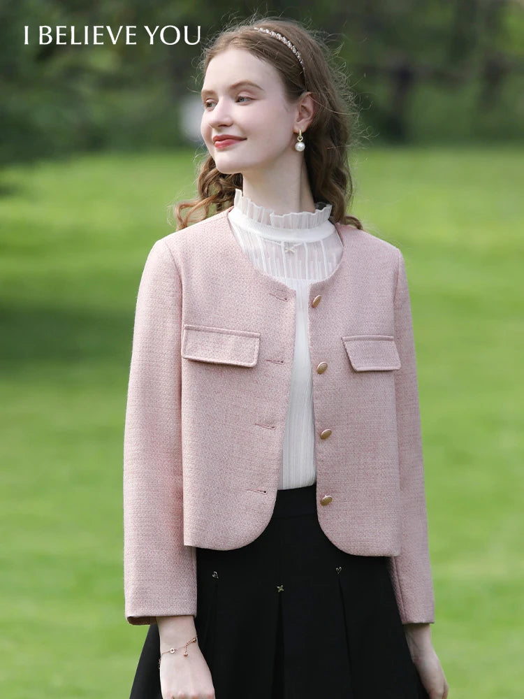 Crew-neck Single-breasted Coats Retro Elegant Light Luxury Jackets
