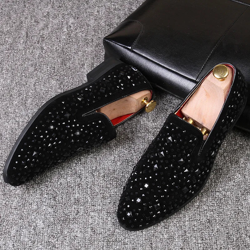 Dress Shoes for Men Luxury Pointed Toe Black Loafers Denim Metal Sequins Shoes