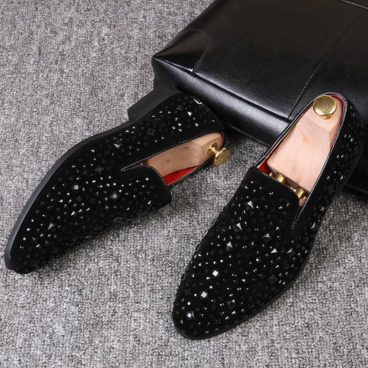 Dress Shoes for Men Luxury Pointed Toe Black Loafers Denim Metal Sequins Shoes