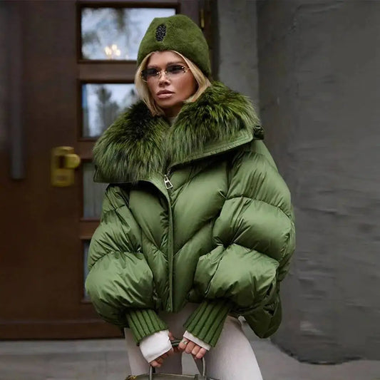 Women's Green Fur Collar Quilted Coats Loose Lady Warm Jackets