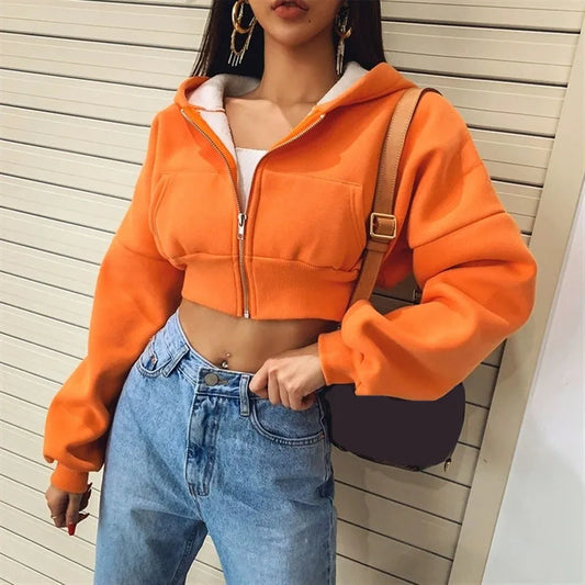 Cropped Zip Up Women Hoodies Vintage with Pockets Short Sweatshirt
