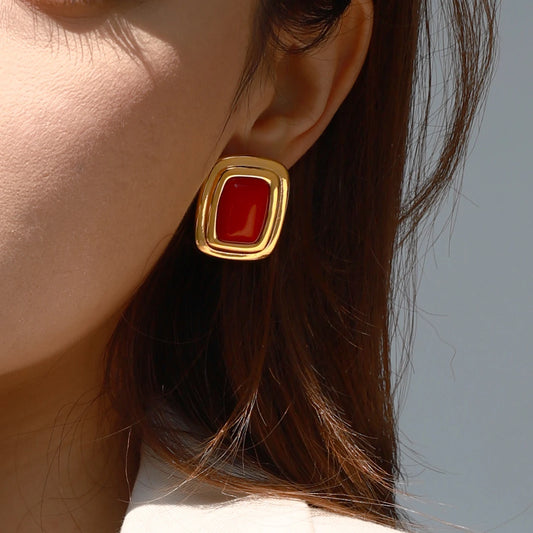 Uworld Retro Gold Color Stainless Steel Red Agate Ear Studs