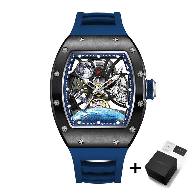 Men's Automatic Watches Tonneau Mechanical Clock Earth Dial Waterproof  Wrist Watch