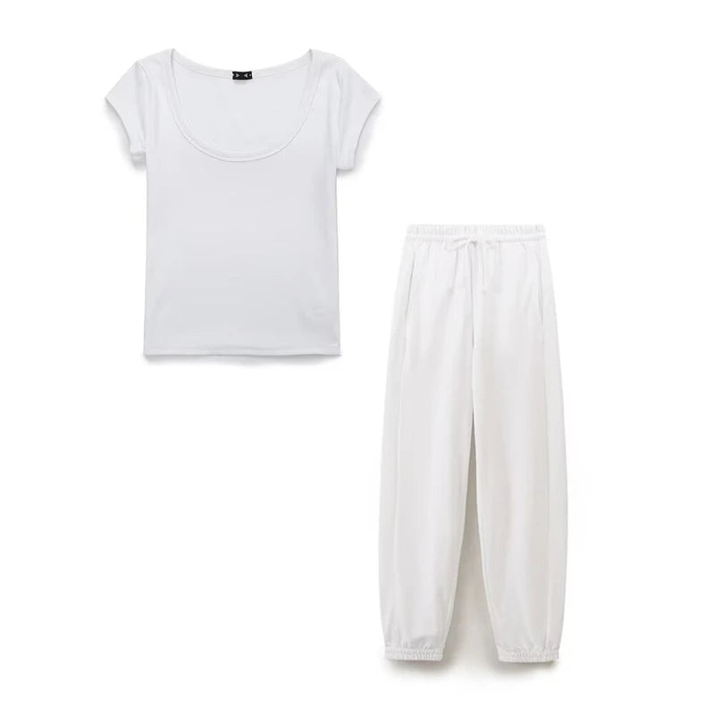 Women's  Cotton Crew Neck Ribbed Slim T-Shirt Jogger Pants Set t