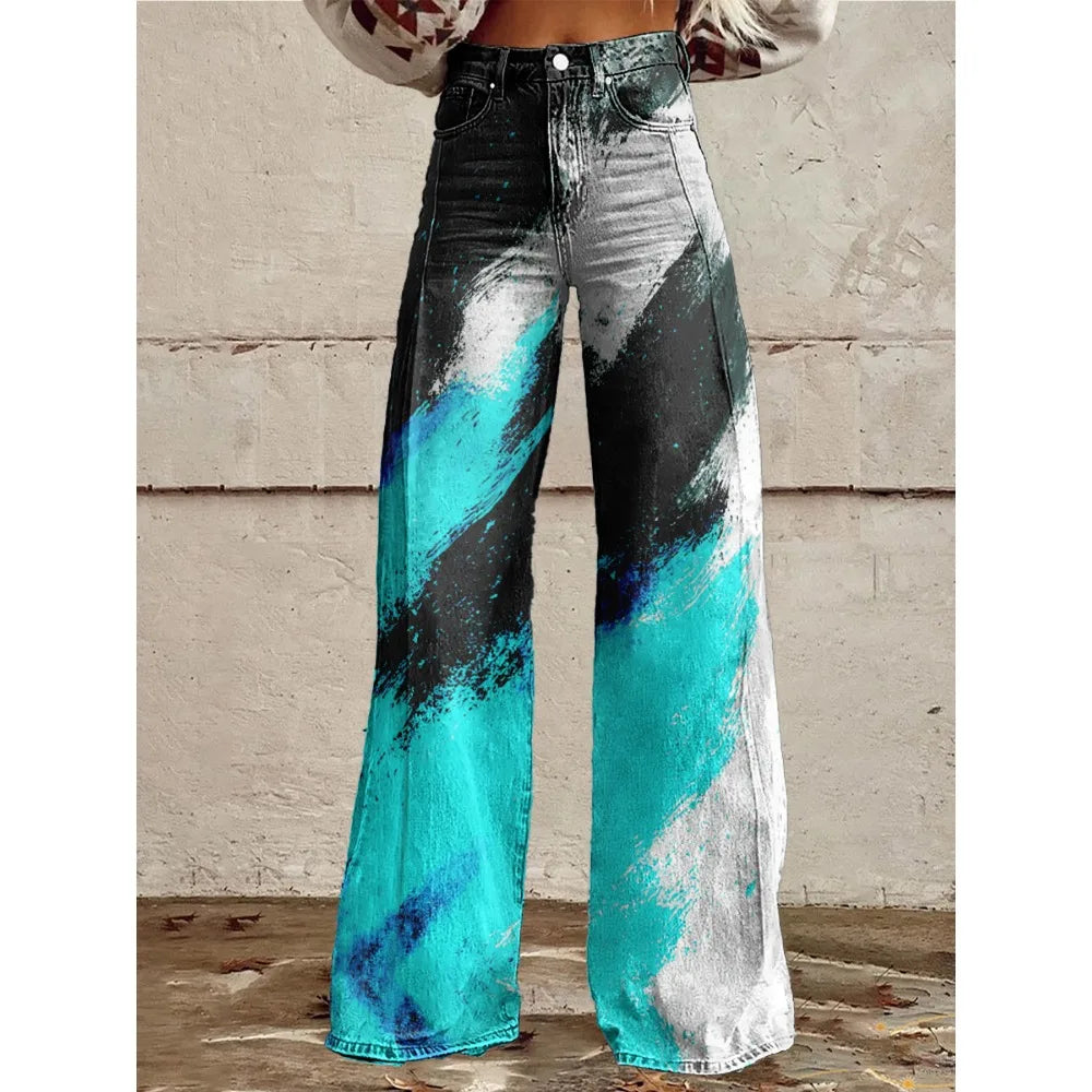 High Waisted Wide Leg Pants Artistic Ink Wash
