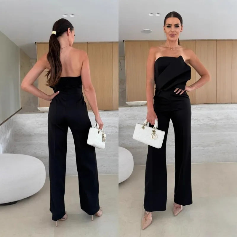 Corset Jumpsuit for Women Chic Off Shoulder Folds Wide Leg Pants