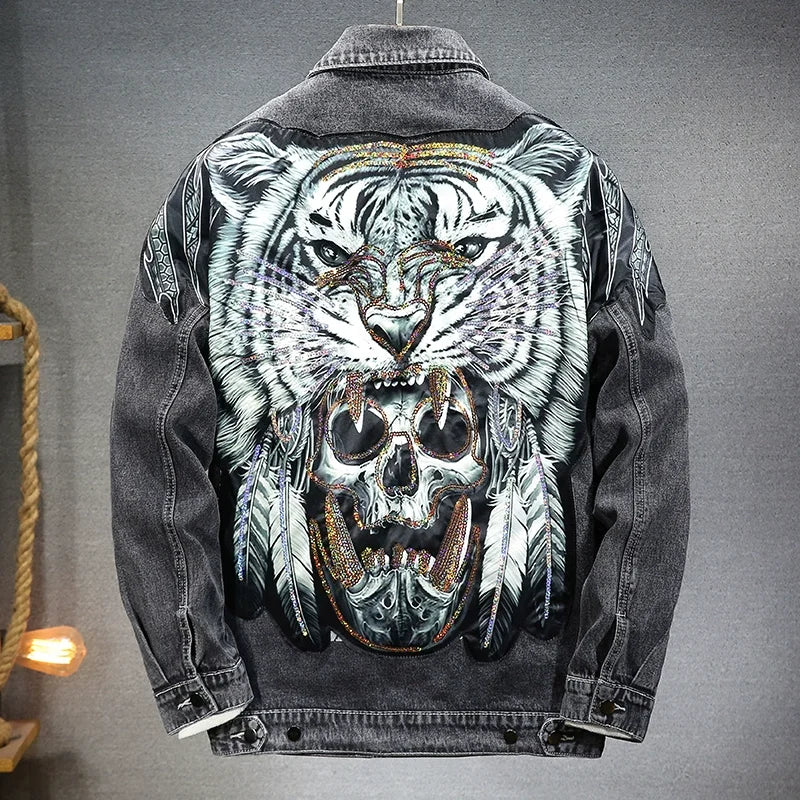 Men's Cyberpunk Denim Jacket Vintage Washed Tiger Skull Bone