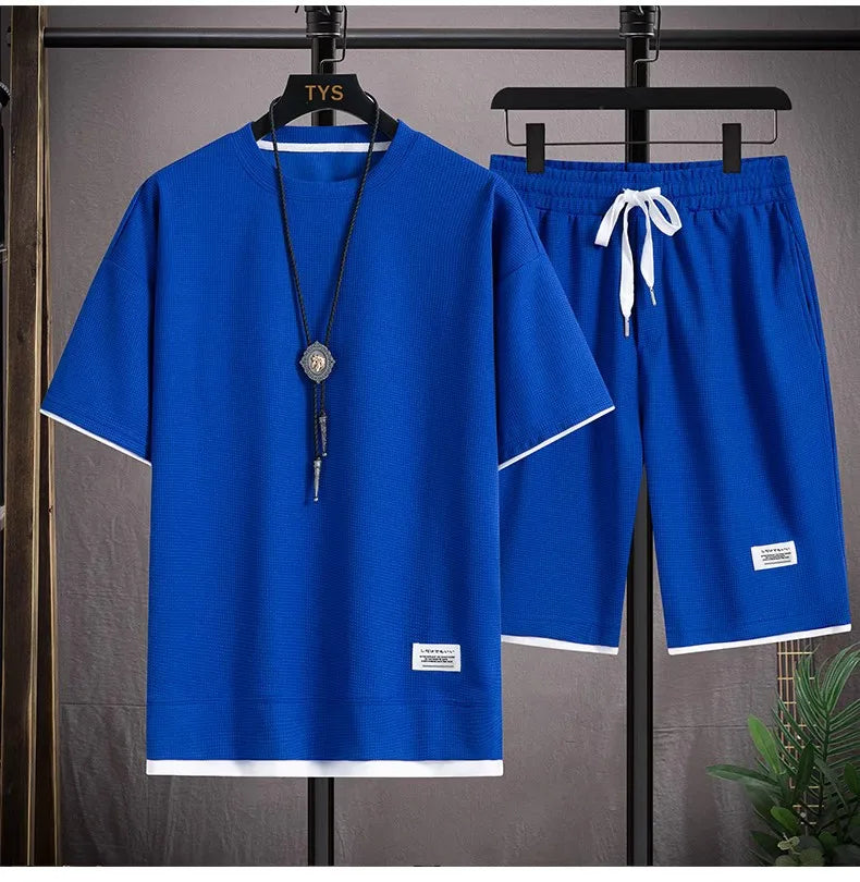 Men's Summer Waffle Set Brand Fashion Casual T-shirt