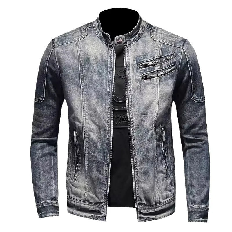 Denim Jackets Men Casual Stand Collar Moto Biker Outerwear