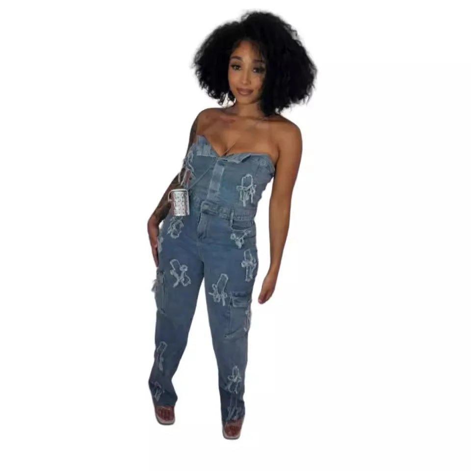 Women's Jumpsuit Tube Top Embroidered  Cross Tube Top Stretch Pants