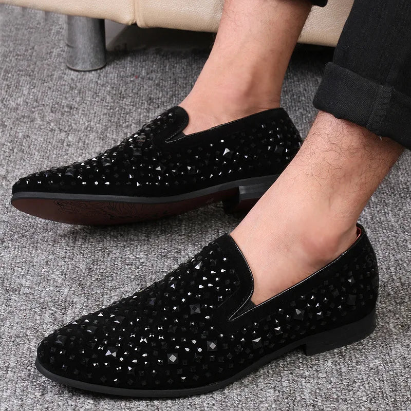 Dress Shoes for Men Luxury Pointed Toe Black Loafers Denim Metal Sequins Shoes