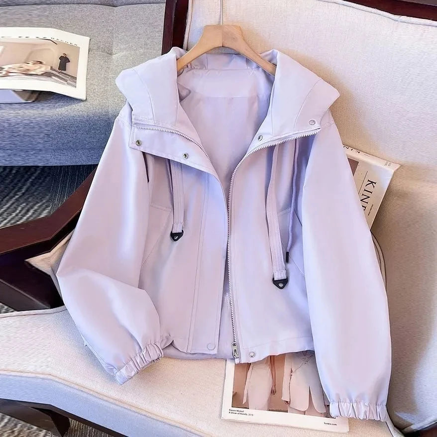 Women Purple Jacket Coat  Casual Hooded Trench Coat